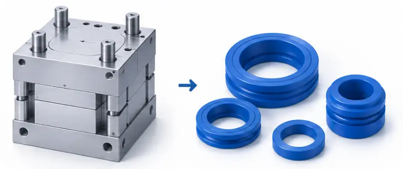 Injection mould tooling next to molded silicone seals