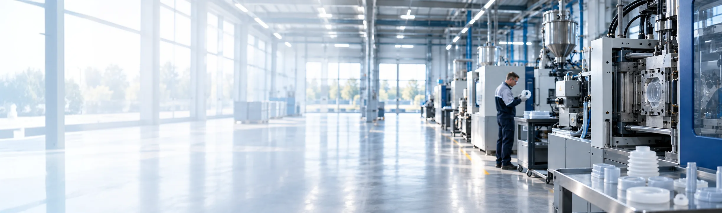 A production specialist beside injection molding equipment in a bright manufacturing hall