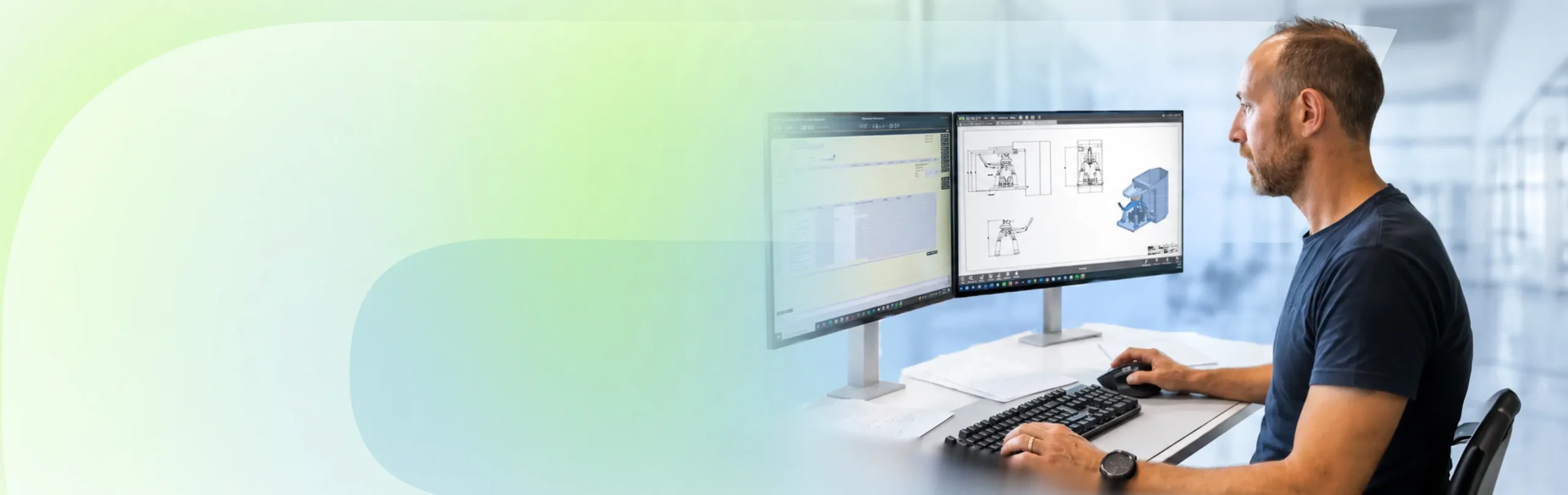 Engineer reviewing a technical component model on CAD screens