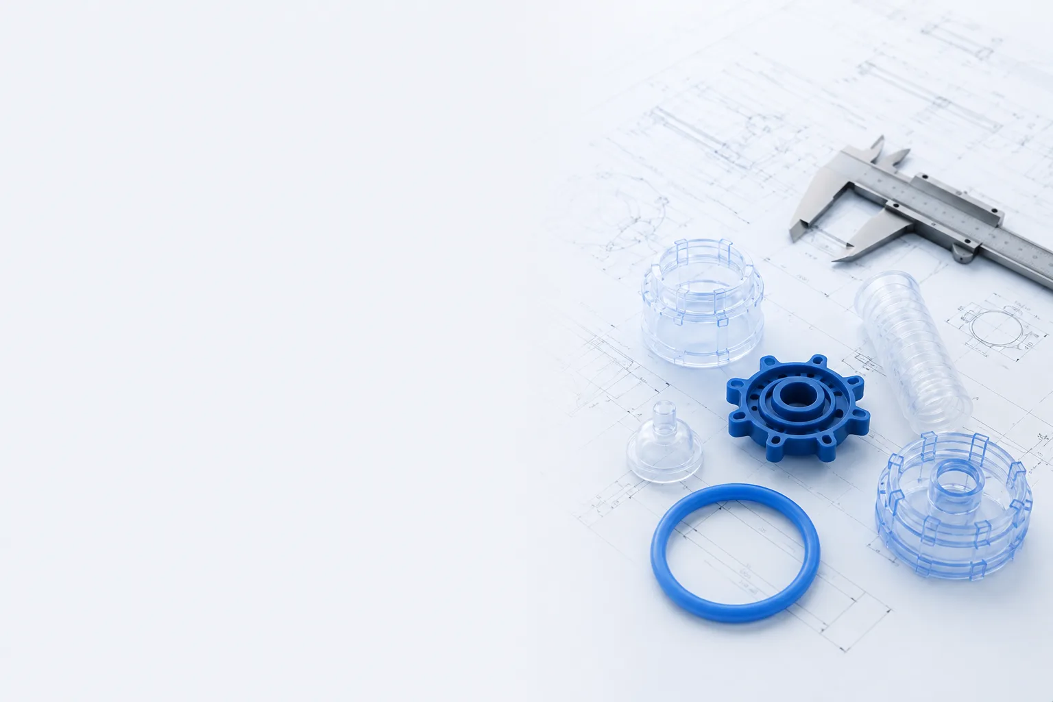 Technical silicone components, caliper and engineering drawing
