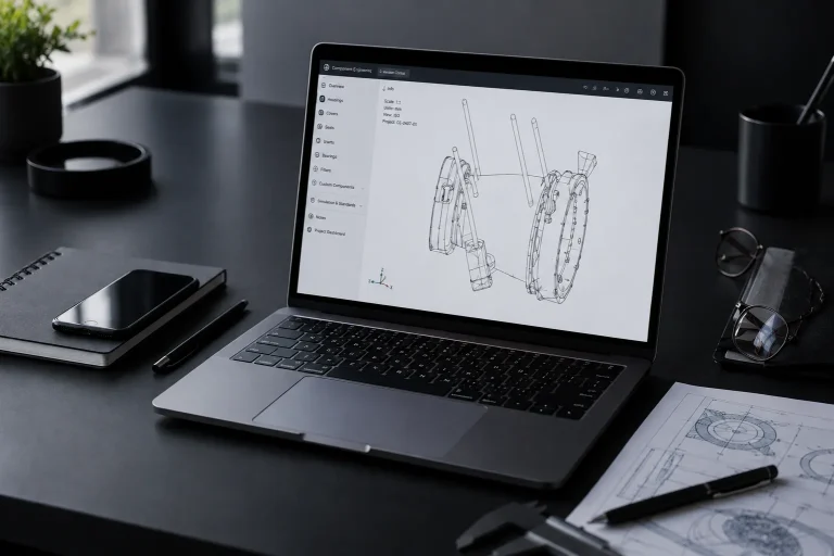 CAD model of a technical component on a laptop