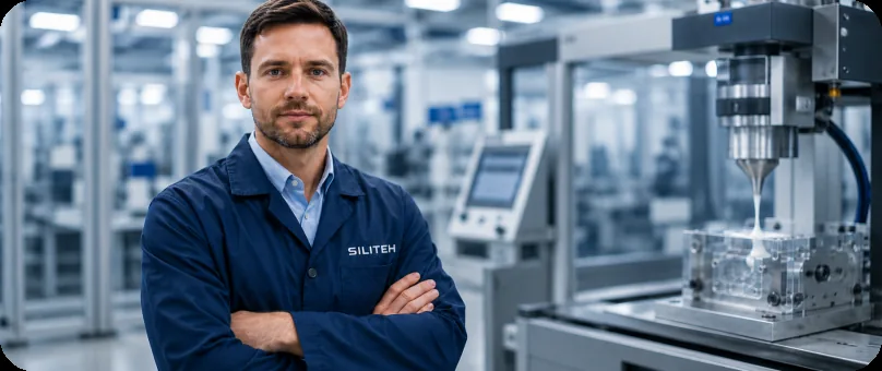 An engineer standing with crossed arms beside production equipment