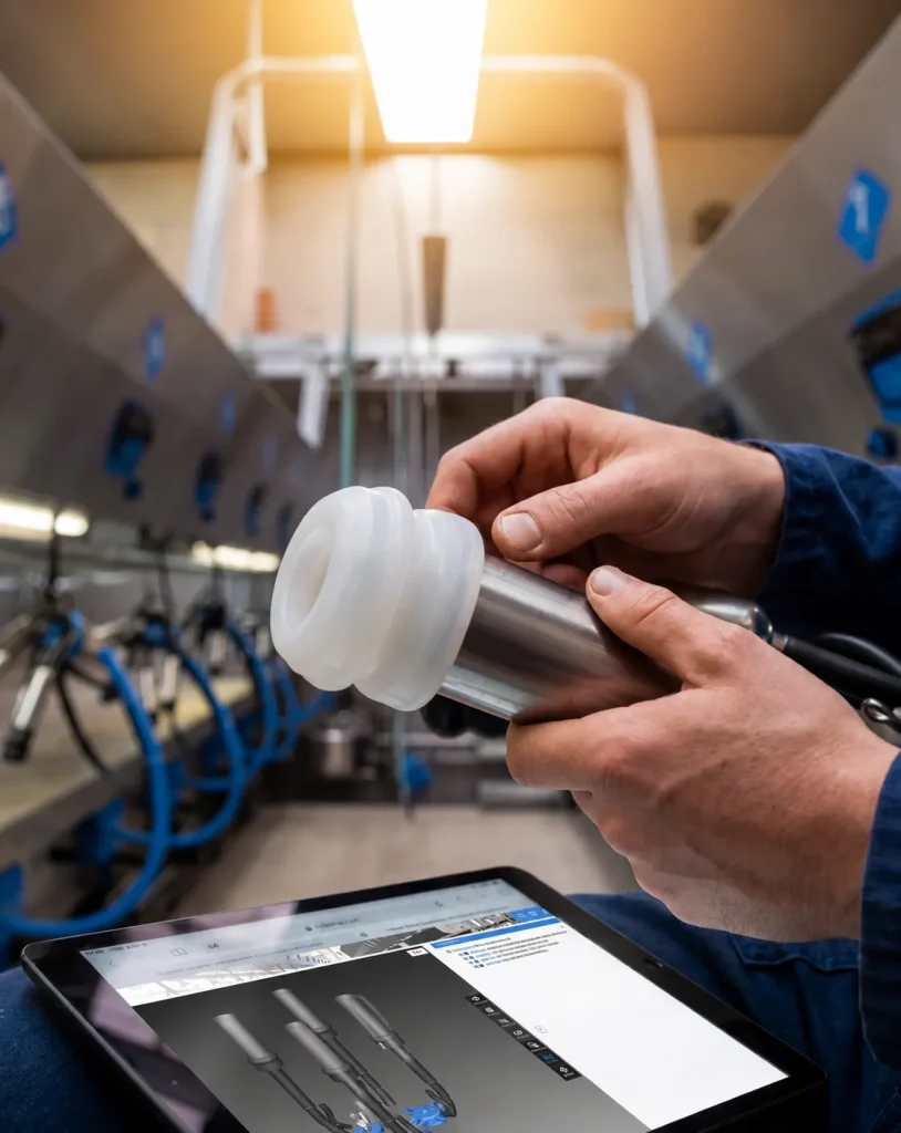 Technician inspecting a milking component