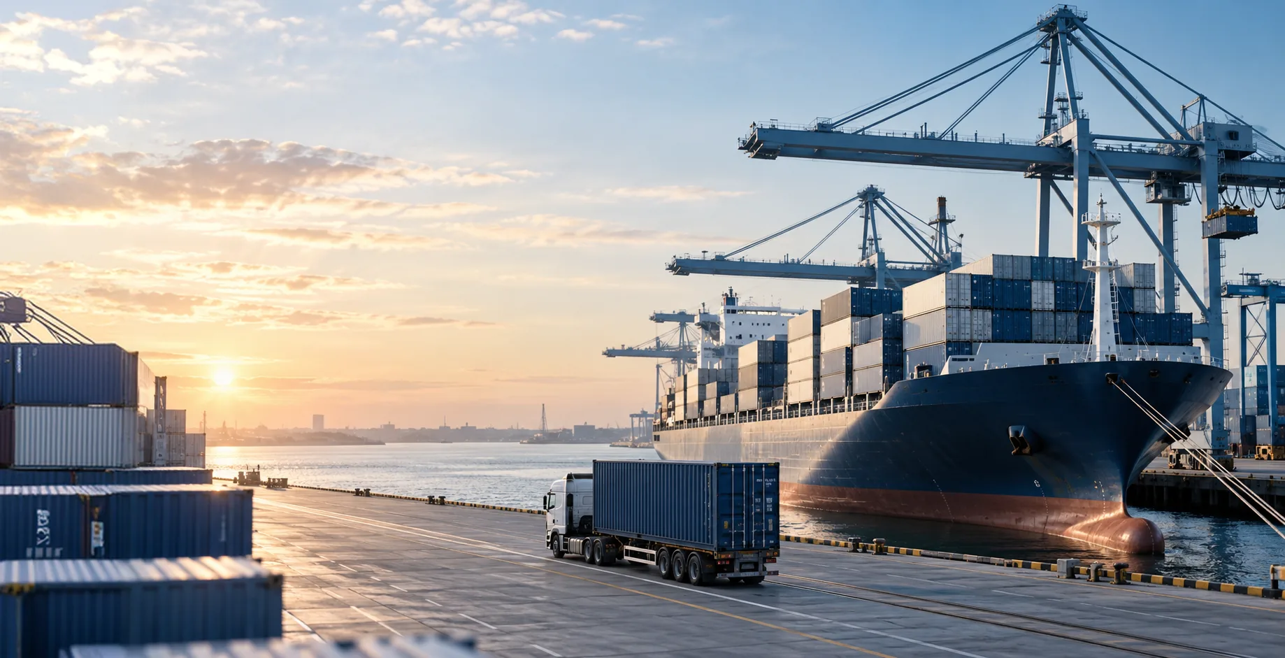 A container ship at a port terminal with harbor cranes at sunset