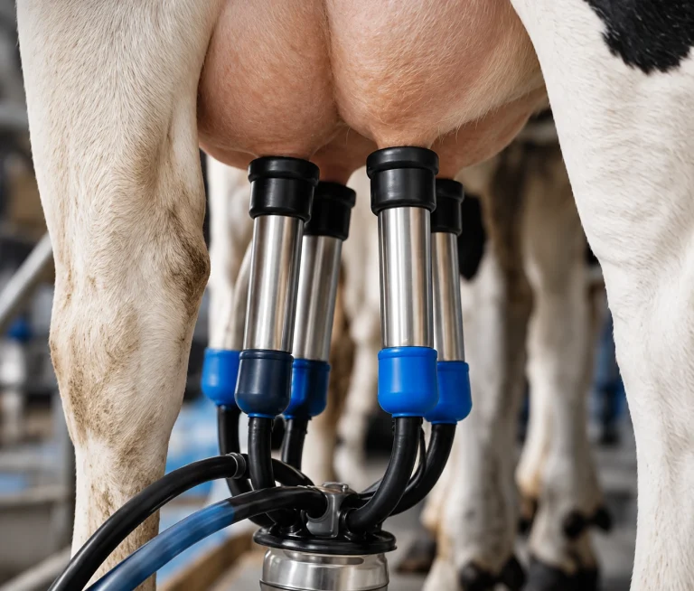 Dairy milking equipment attached to a cow