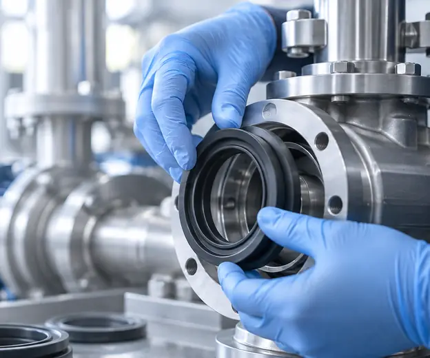 Technician fitting a seal into an industrial valve assembly