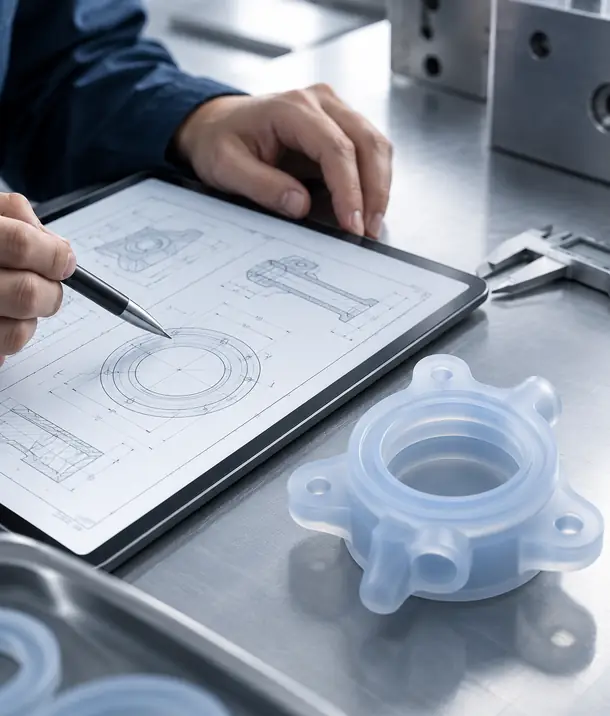 Engineer reviewing a component drawing next to a silicone part