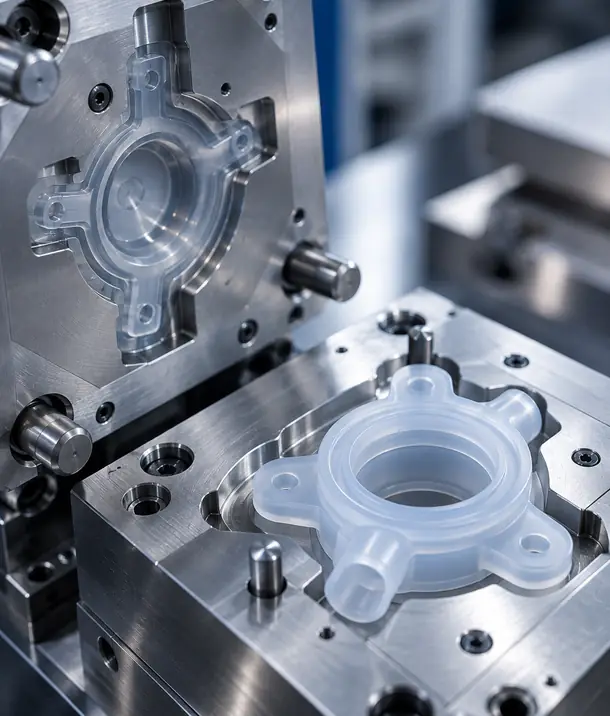 Open injection mould with a moulded silicone component